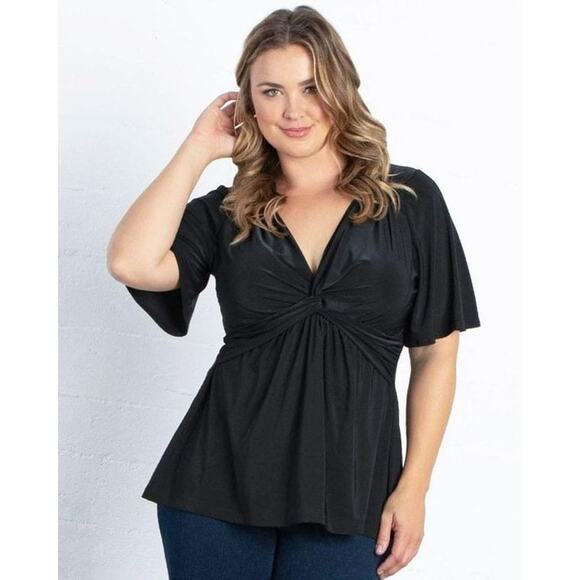 Kiyonna Top 1X Abby Twist Black Twist Front Slimming Versatile Flutter Sleeves - Picture 10 of 11